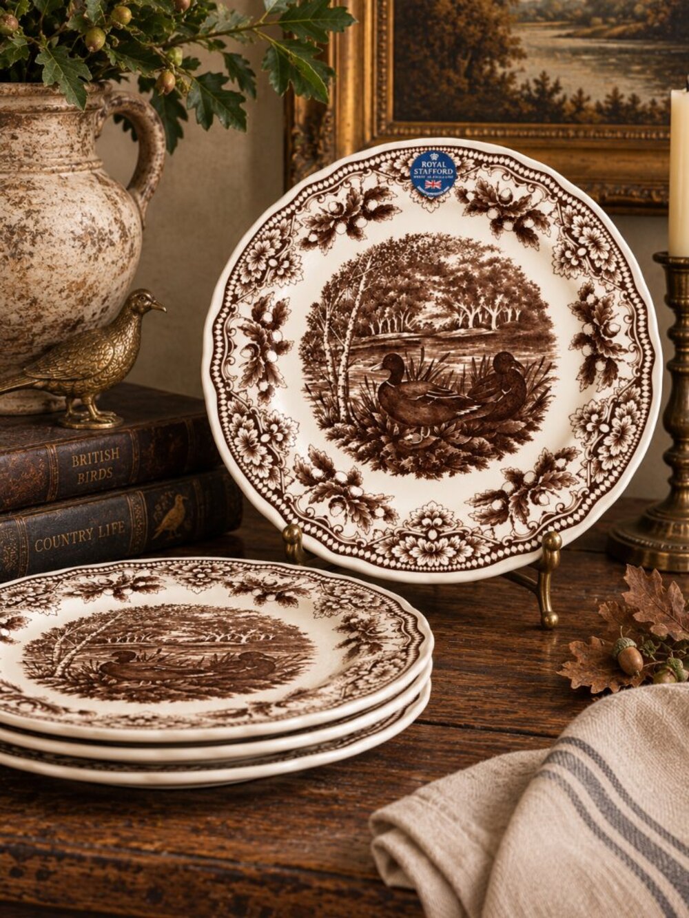 Set of 4 Royal Stafford England Brown Transferware Duck Dinner Plates